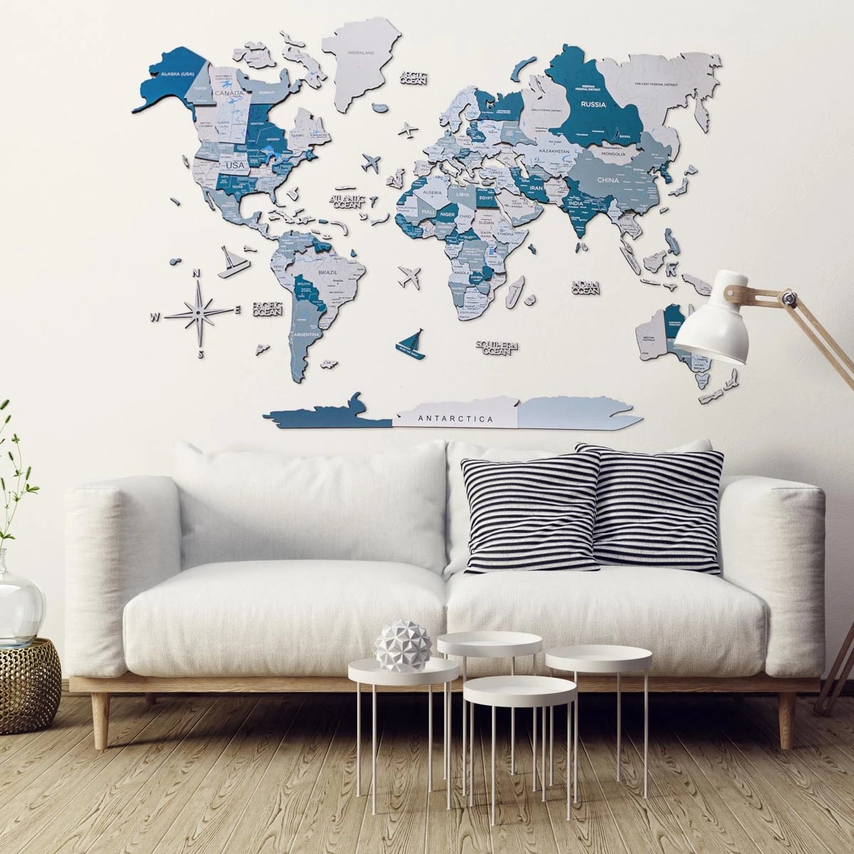 Barvit 3D lesen zemljevid sveta modre barve