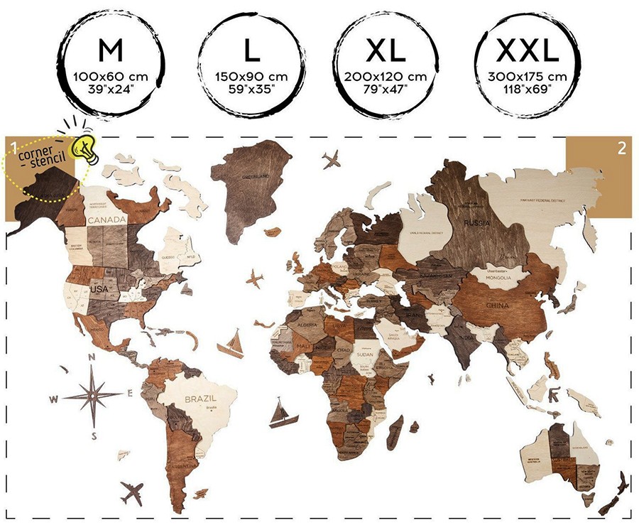 3D lesena slika svetovne velikosti zemljevida XXL