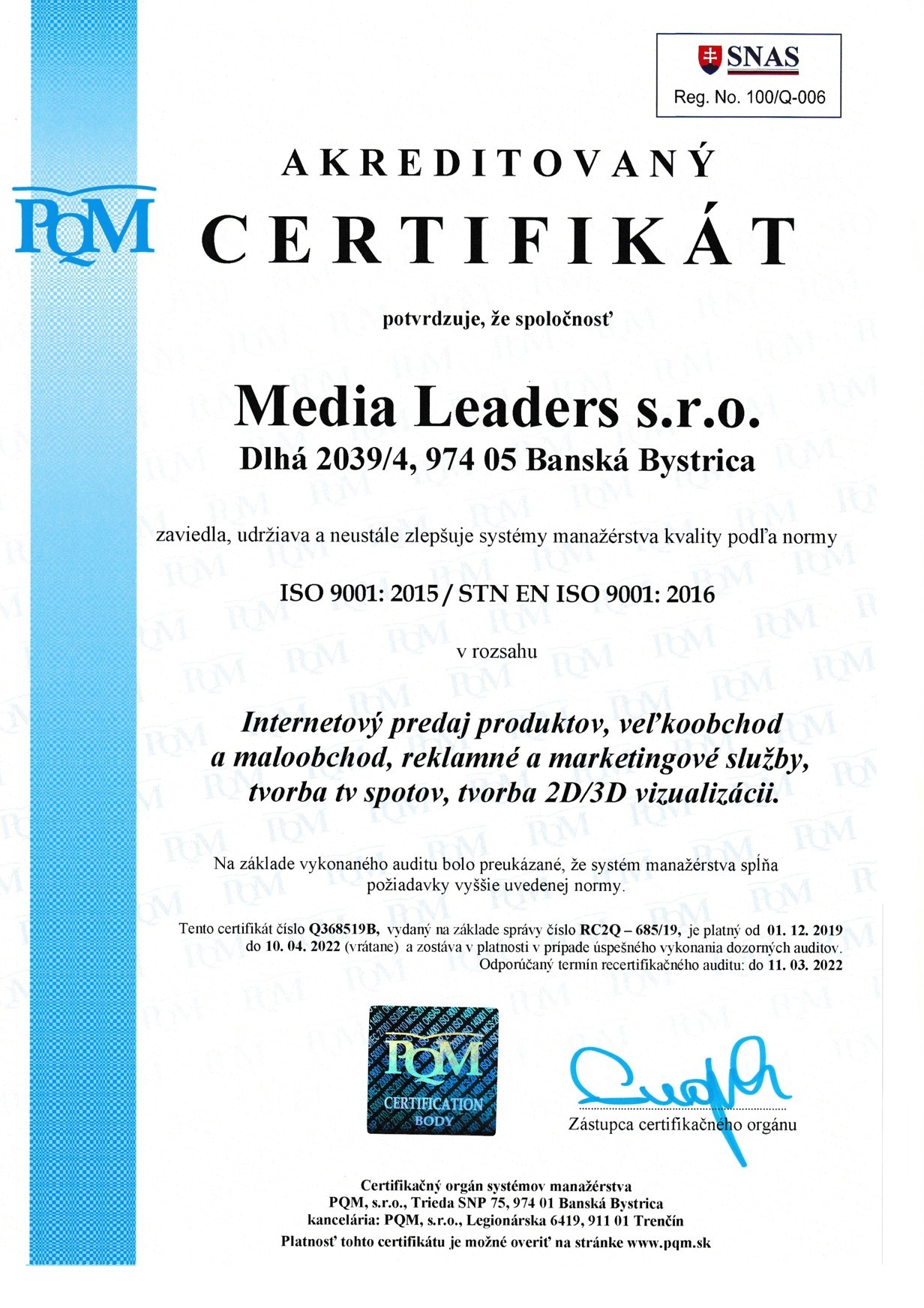 certifikat iso 9001 media leaders sro