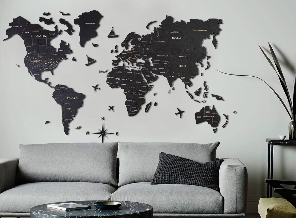 zemljevid potovanja po svetu na steni barva črna