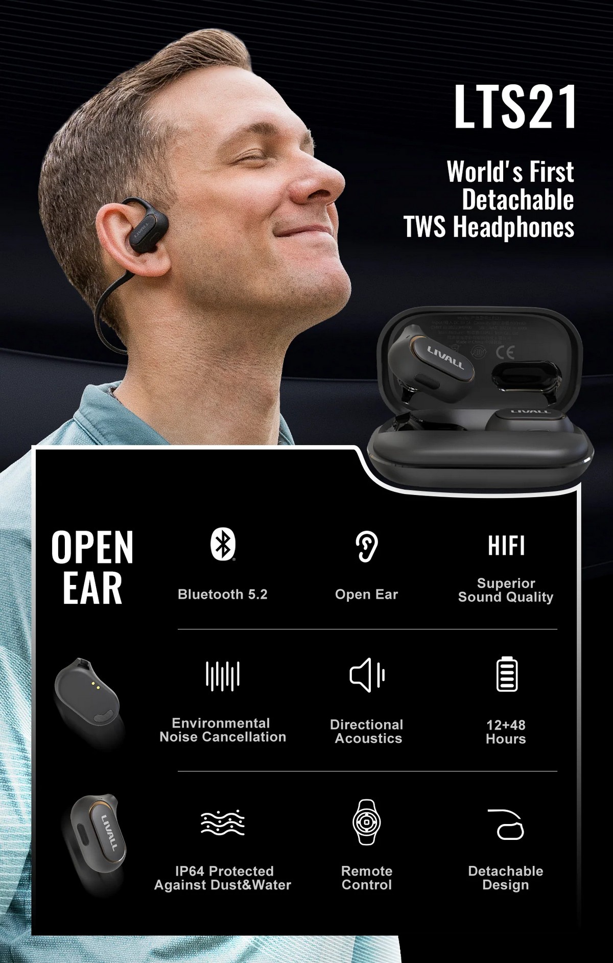 Športne brezžične slušalke z bluetoothom - snemljiva oblika z odprtimi ušesi