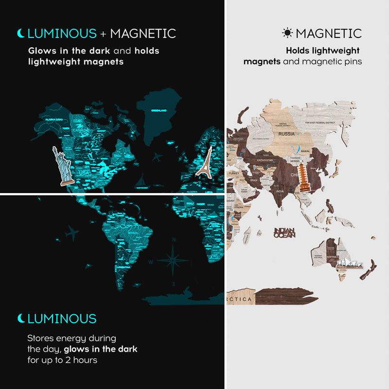 magnetni leseni stenski zemljevidi 3d fluorescentni