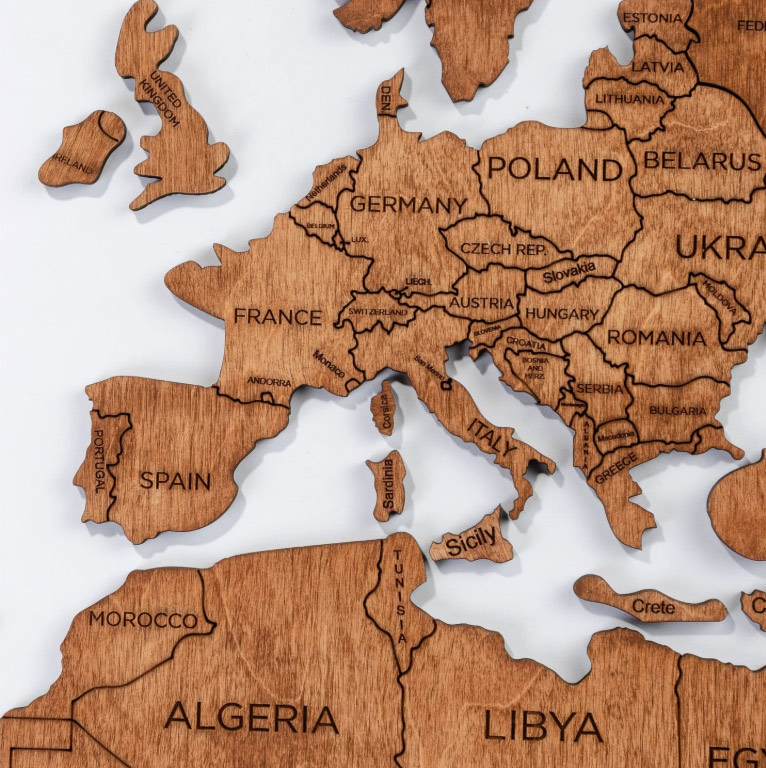 3D leseni zemljevid barve stene kontinentov