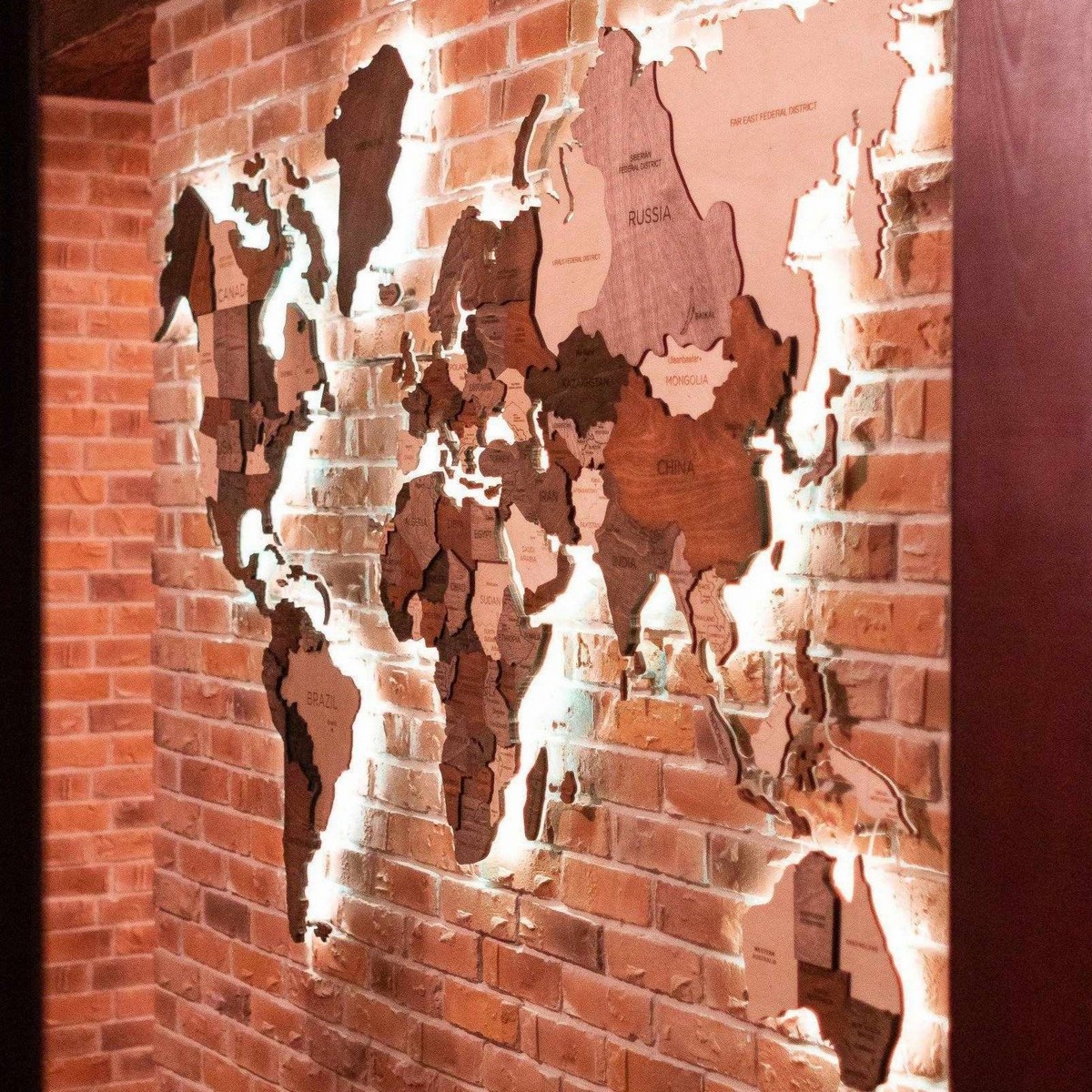 lesena svetovna karta stenske umetnosti z led svetlobo