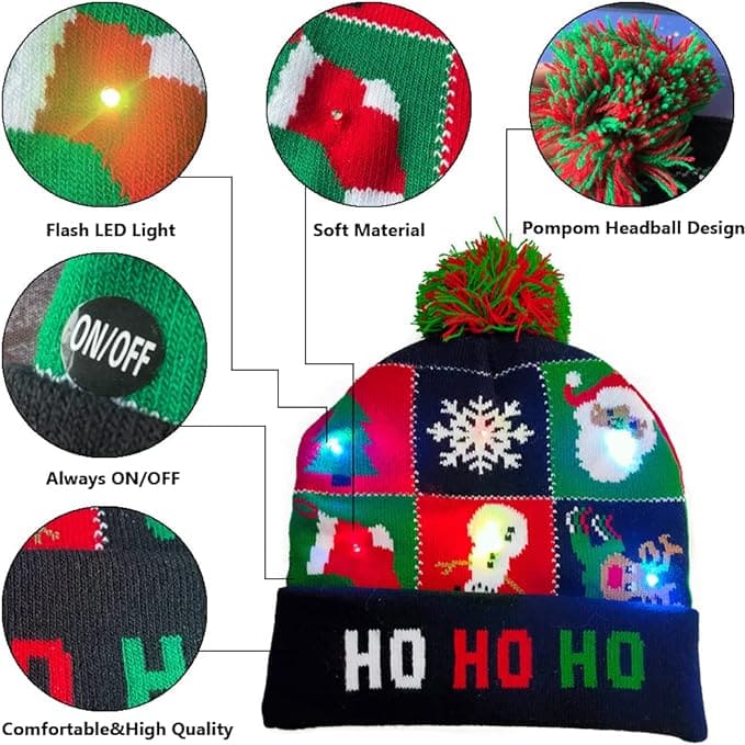 zimske kape za božič s čopom in svetlečimi LED