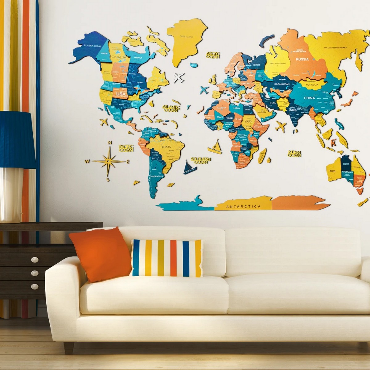 barvni zemljevid na leseni steni 3d