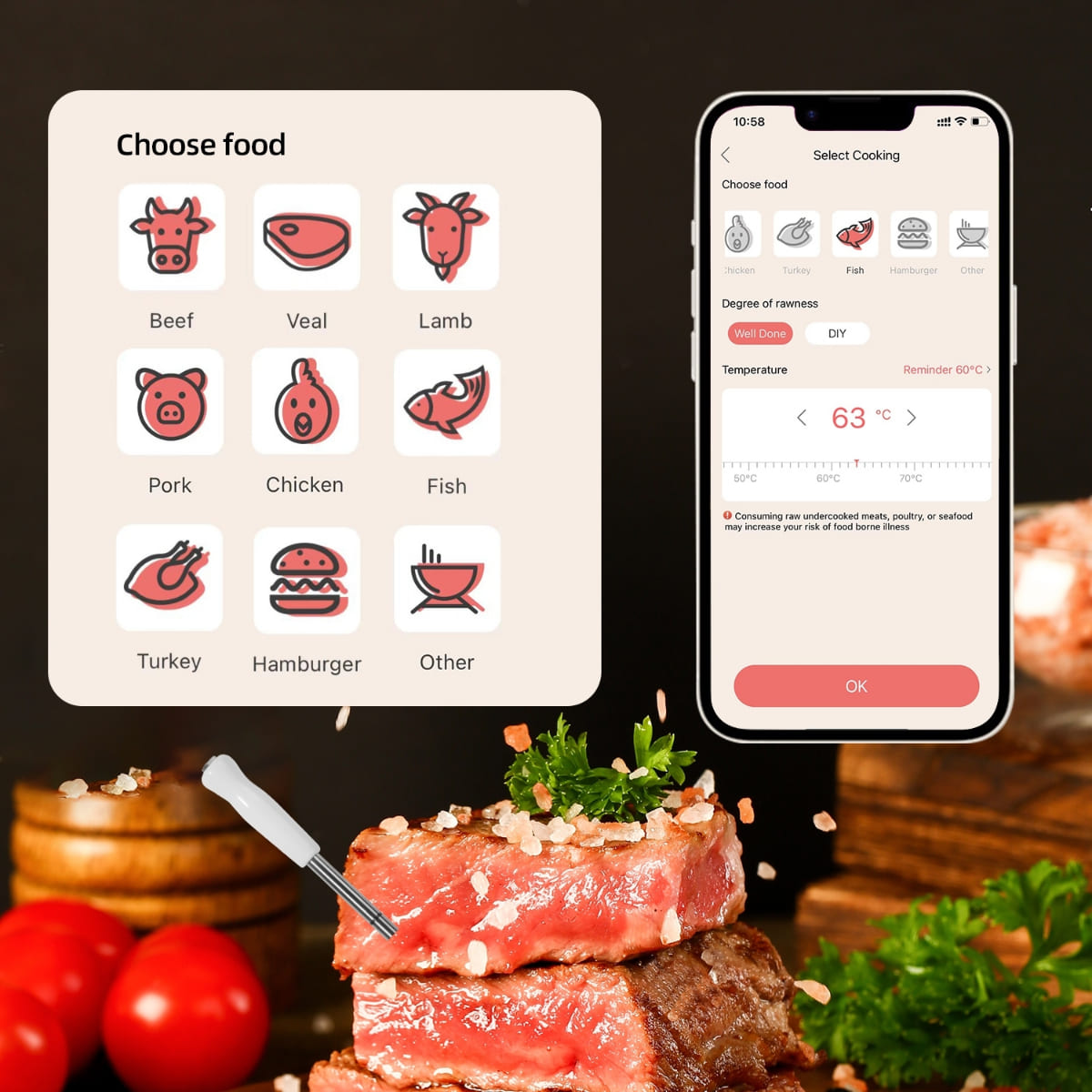 Termometer za pečenje mesa na žaru - bluetooth podpora do 100m (mobilna aplikacija)
