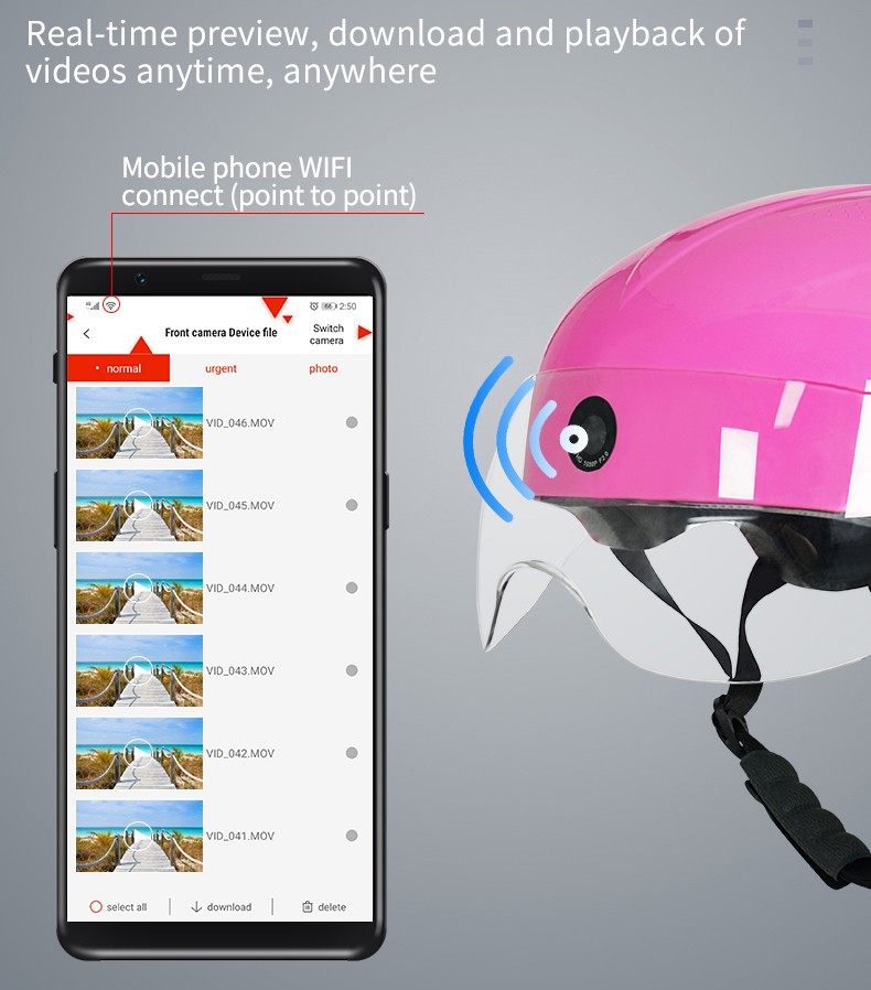motoristična čelada kamera wifi povezava prek aplikacije pametni telefon