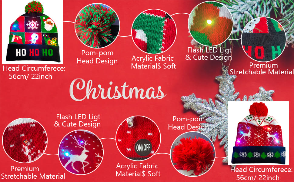 Božične kape za zimo z različnimi motivi (dizajni) osvetljene z LED